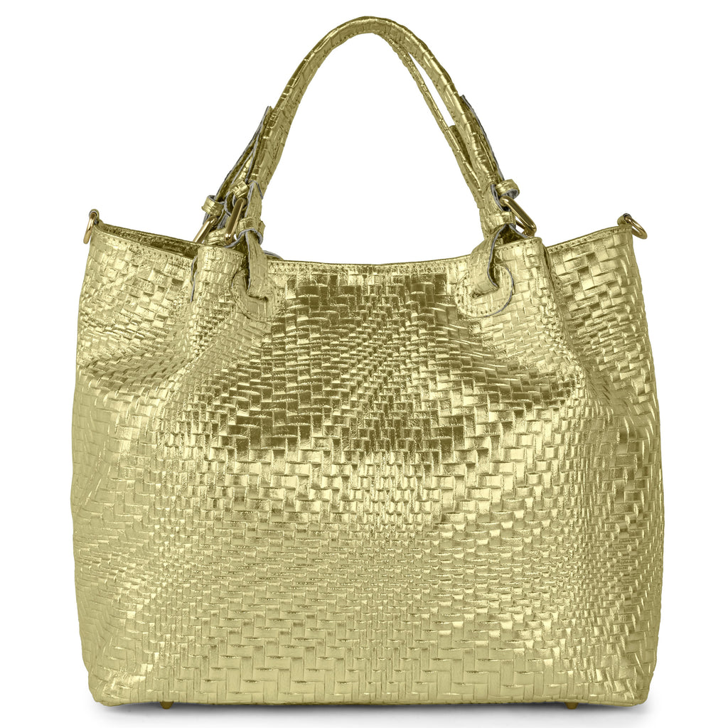 Italian Genuine Grid Metallic Suede Top-Handle Bag 112615