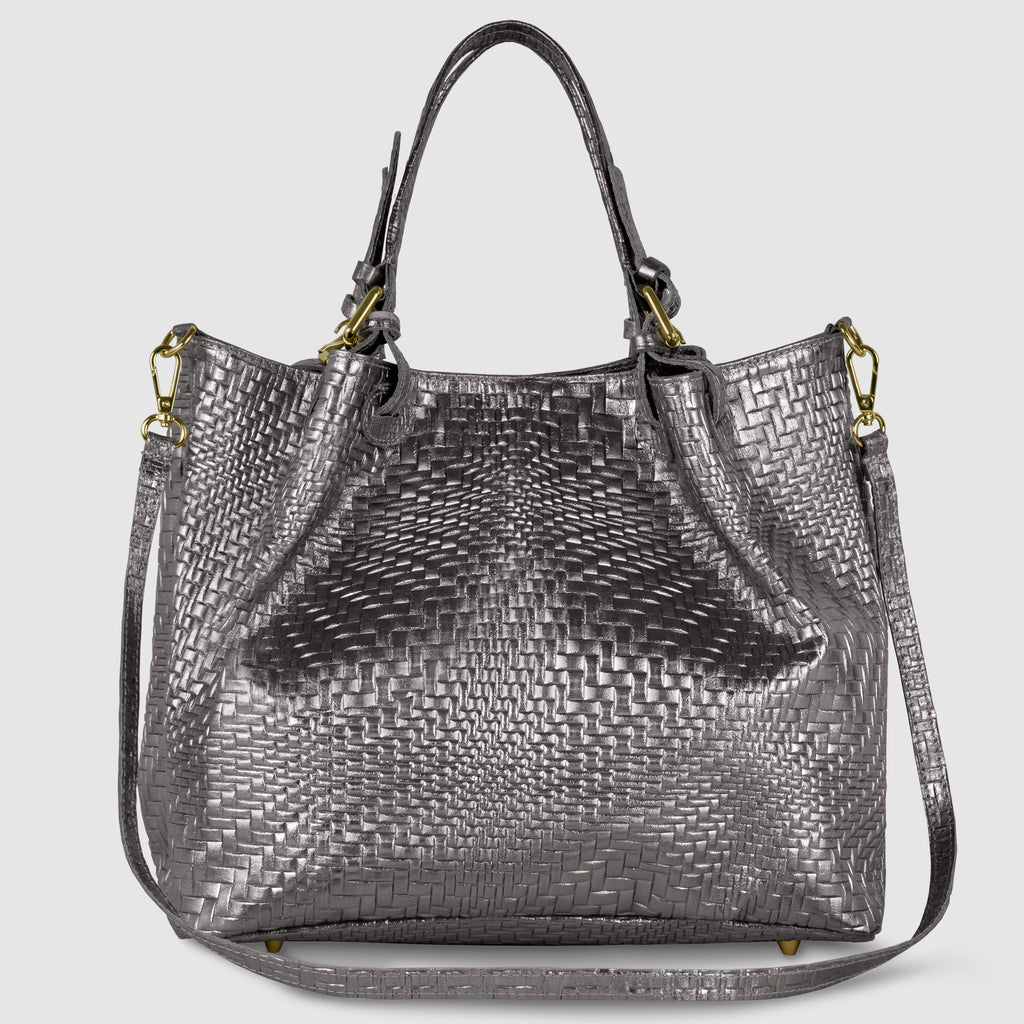 Italian Genuine Grid Metallic Suede Top-Handle Bag 112615