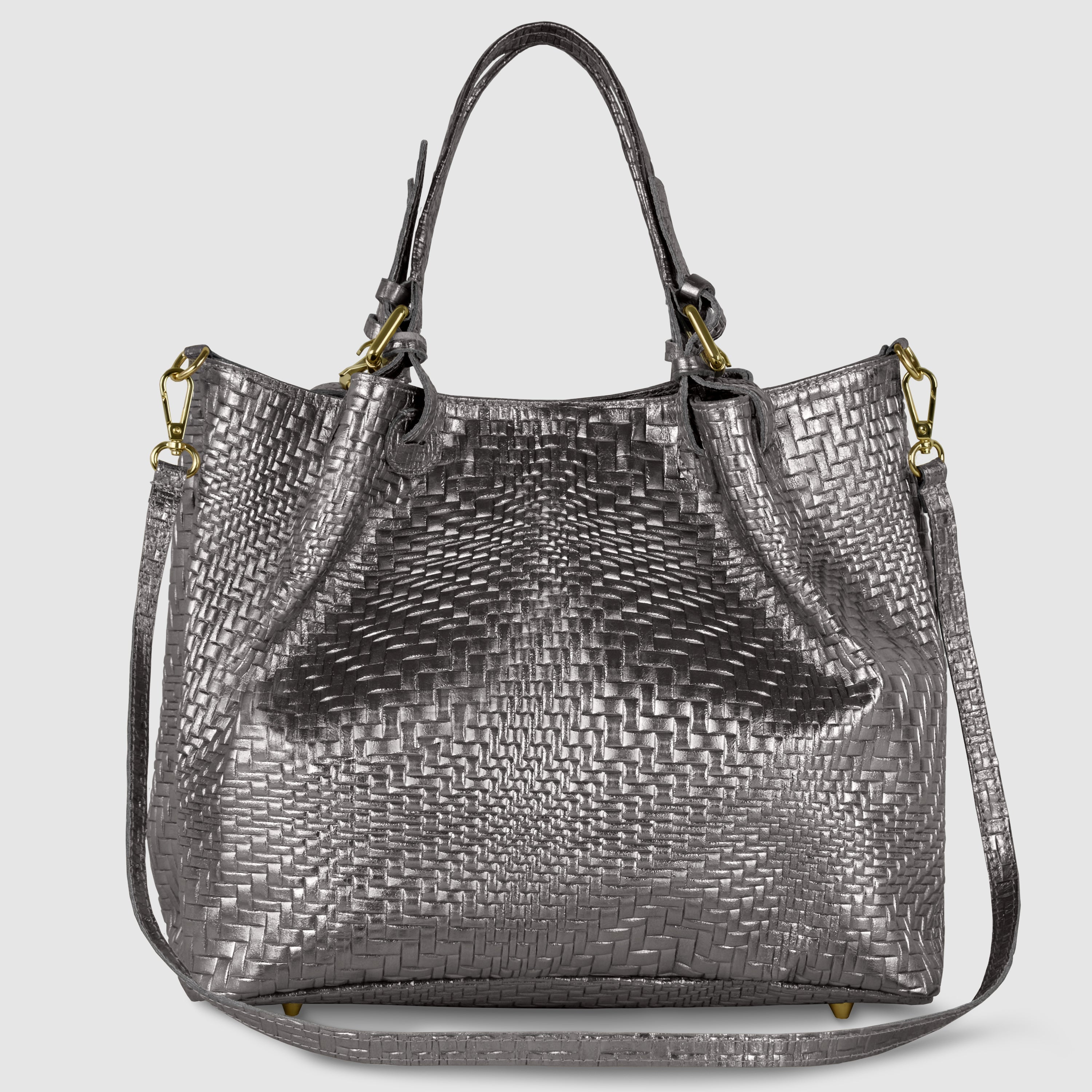 Italian Genuine Grid Metallic Suede Top-Handle Bag 112615