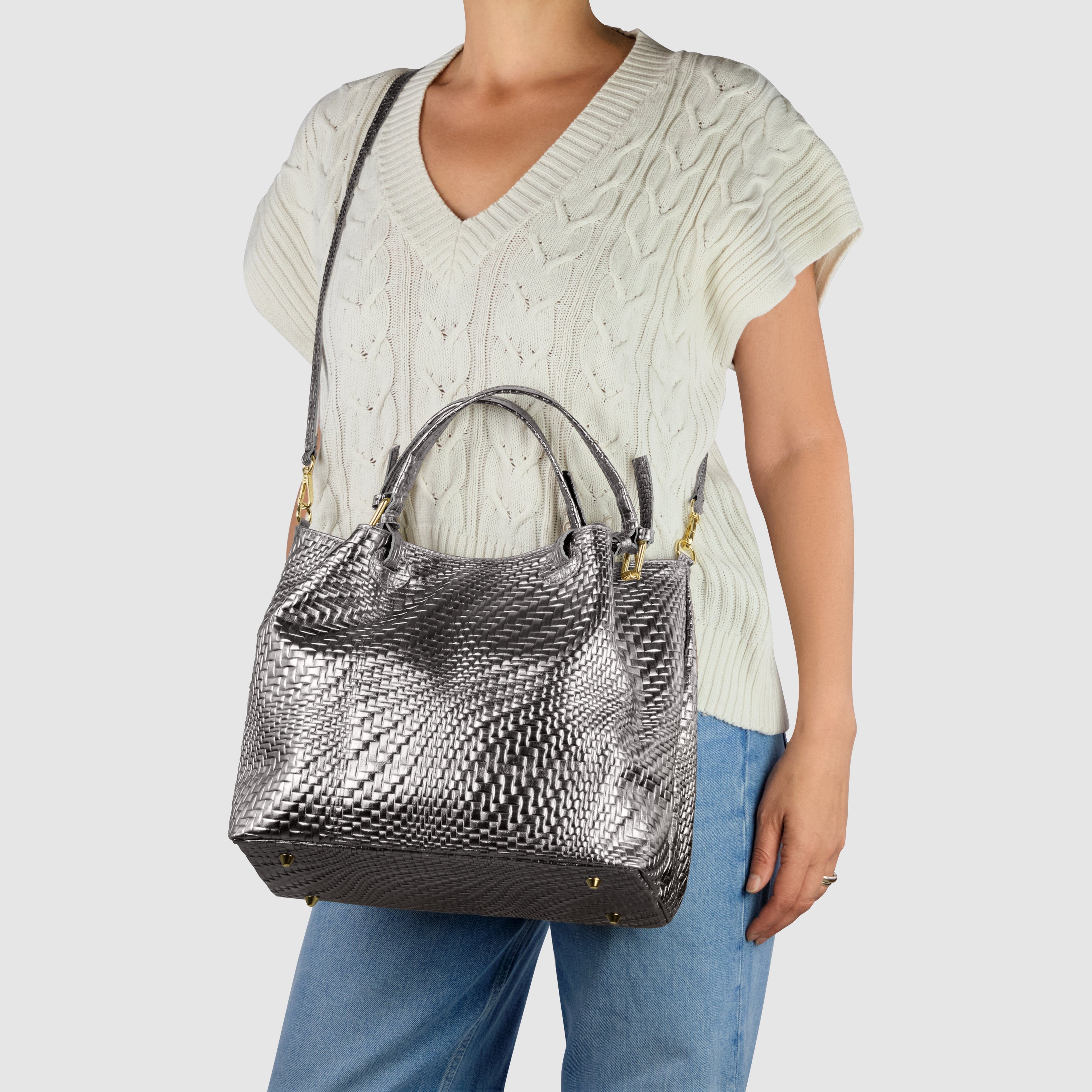 Italian Genuine Grid Metallic Suede Top-Handle Bag 112615