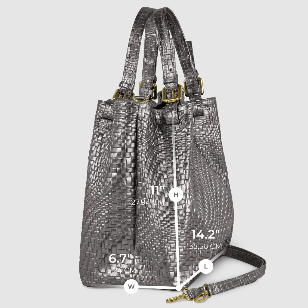 Italian Genuine Grid Metallic Suede Top-Handle Bag 112615