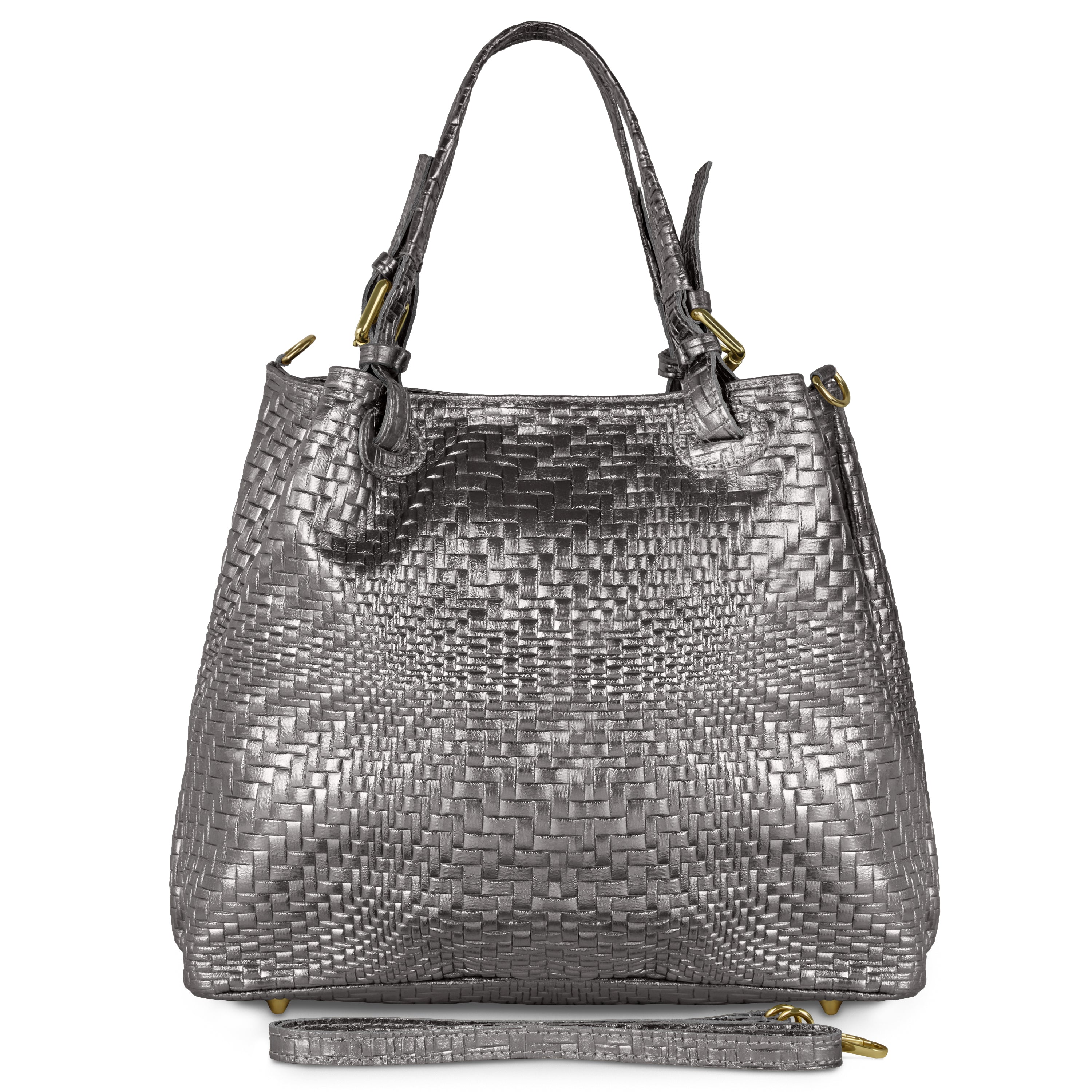 Italian Genuine Grid Metallic Suede Top-Handle Bag 112615