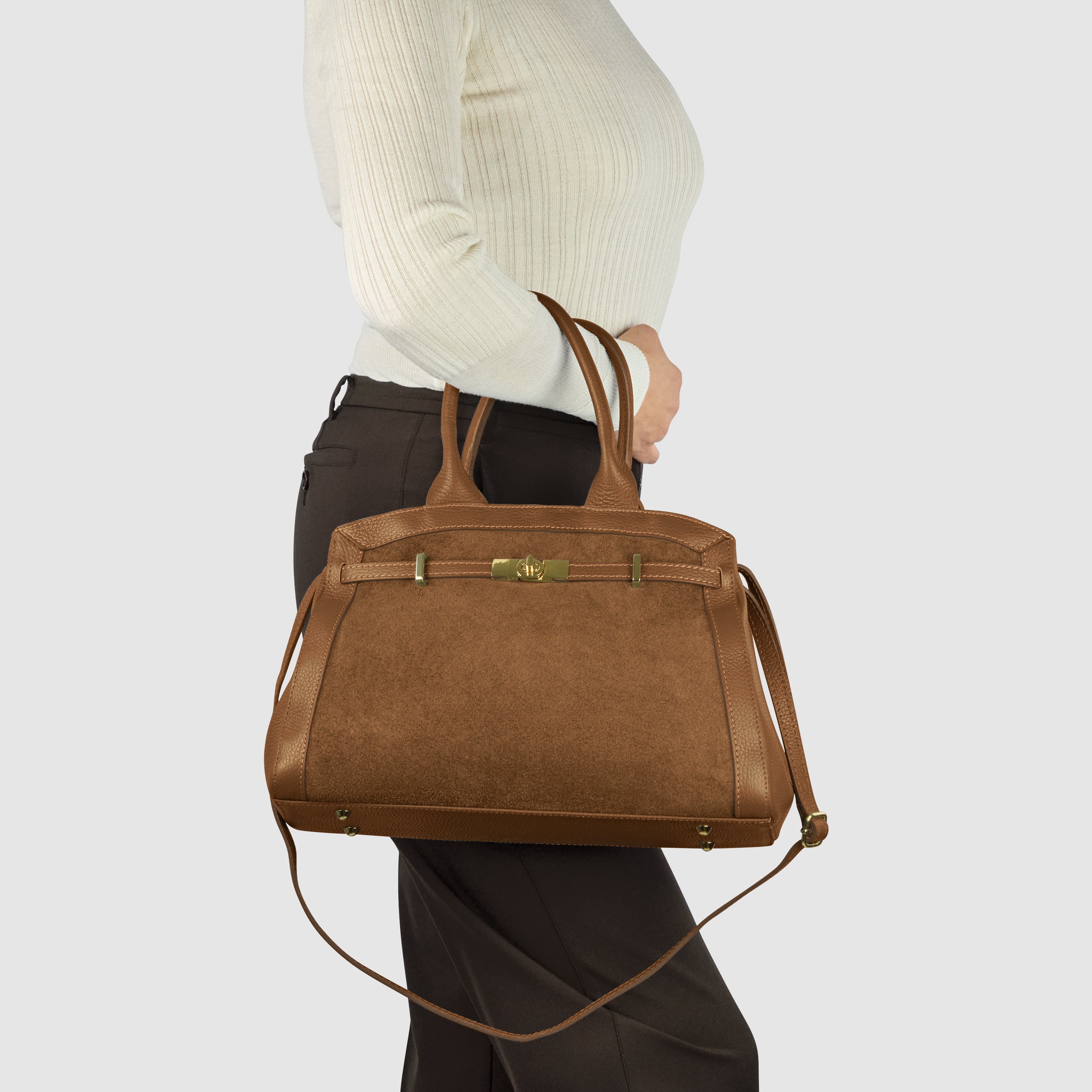 Italian Genuine Suede & Calf Leather Top-Handle Bag 333155