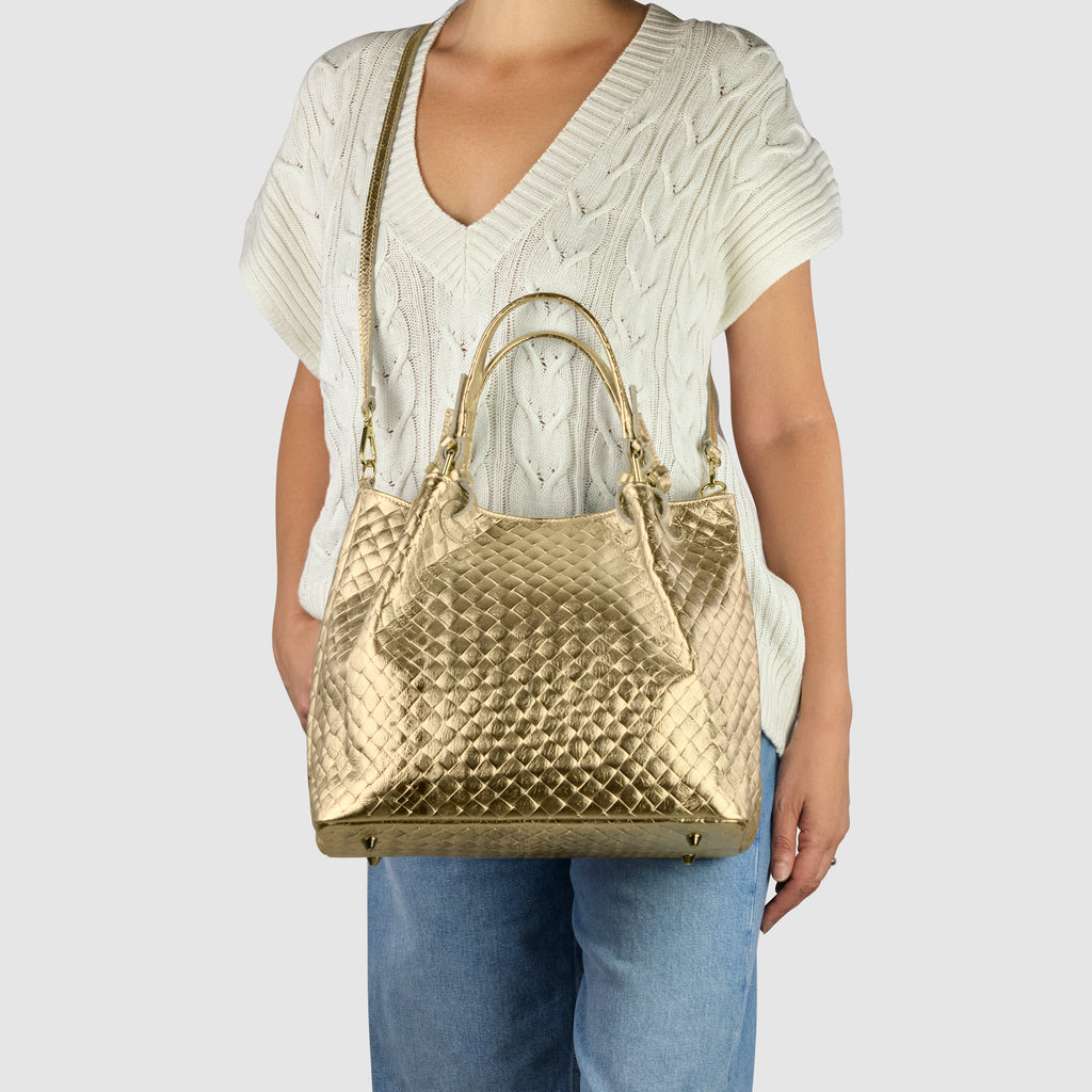 Italian Genuine Weave Metallic Suede Top-Handle Bag 112615
