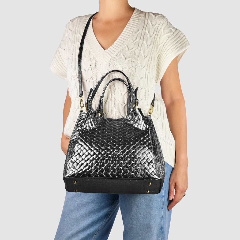 Italian Genuine Weave Metallic Suede Top-Handle Bag 112615