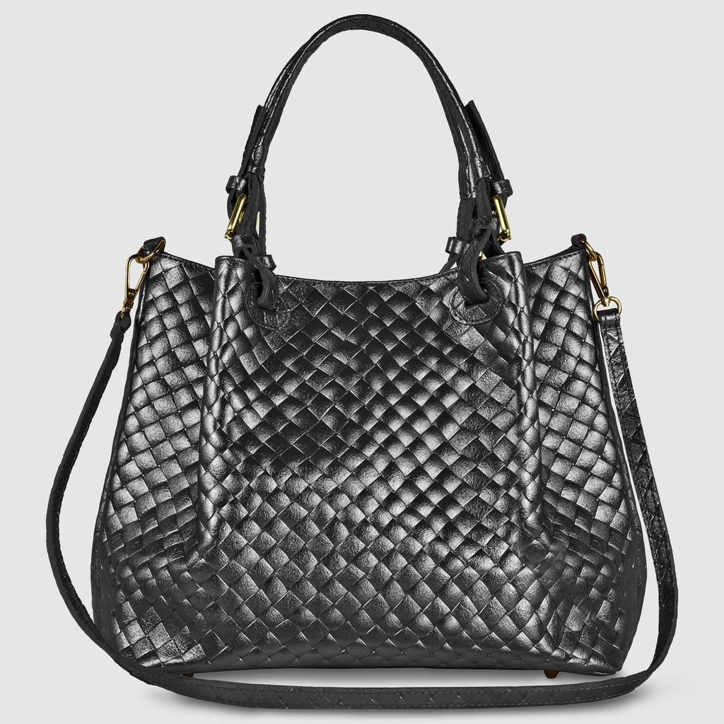 Italian Genuine Weave Metallic Suede Top-Handle Bag 112615