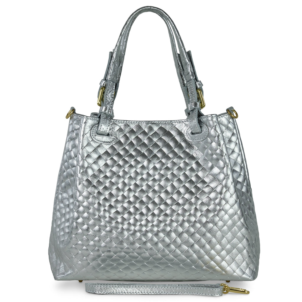 Italian Genuine Weave Metallic Suede Top-Handle Bag 112615