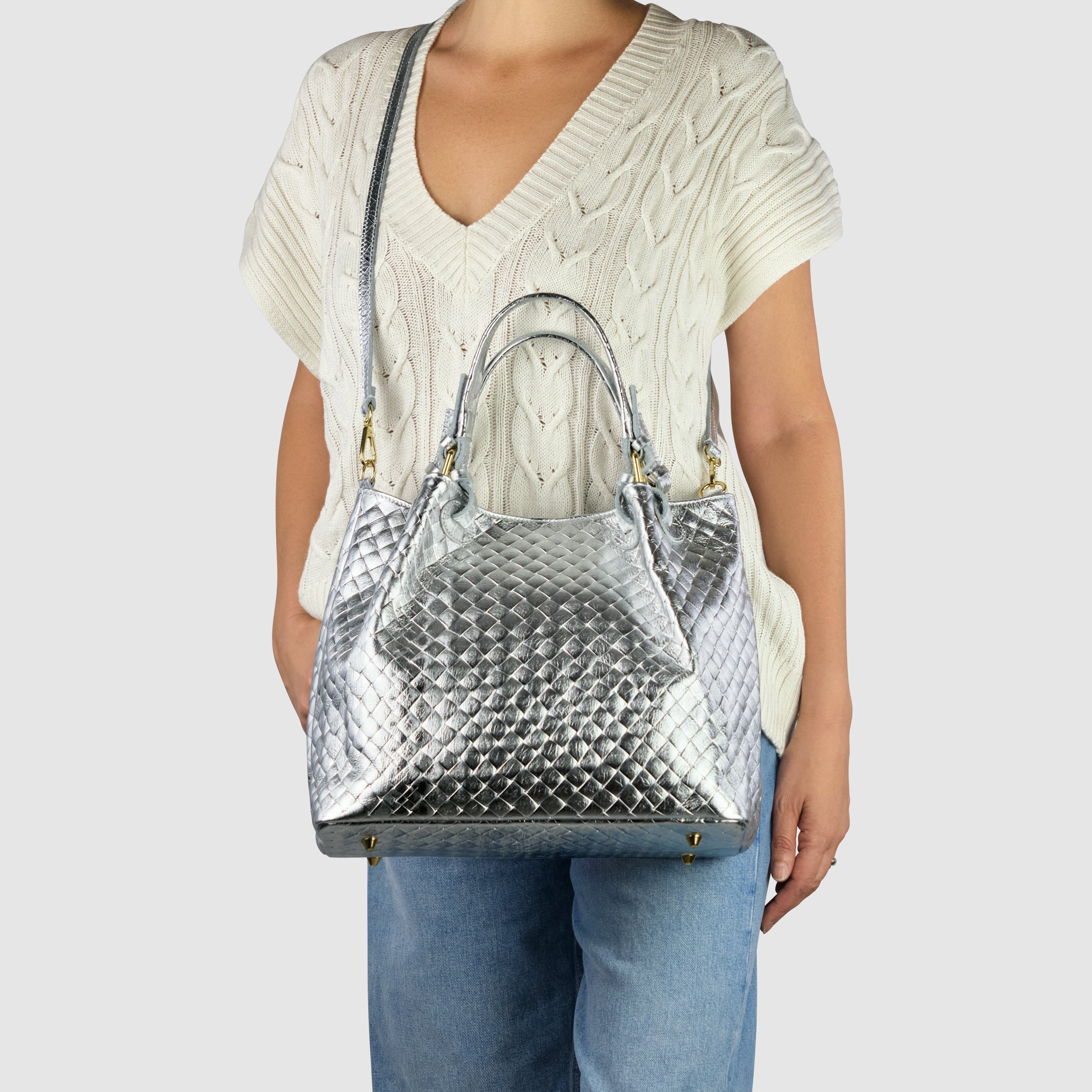 Italian Genuine Weave Metallic Suede Top-Handle Bag 112615