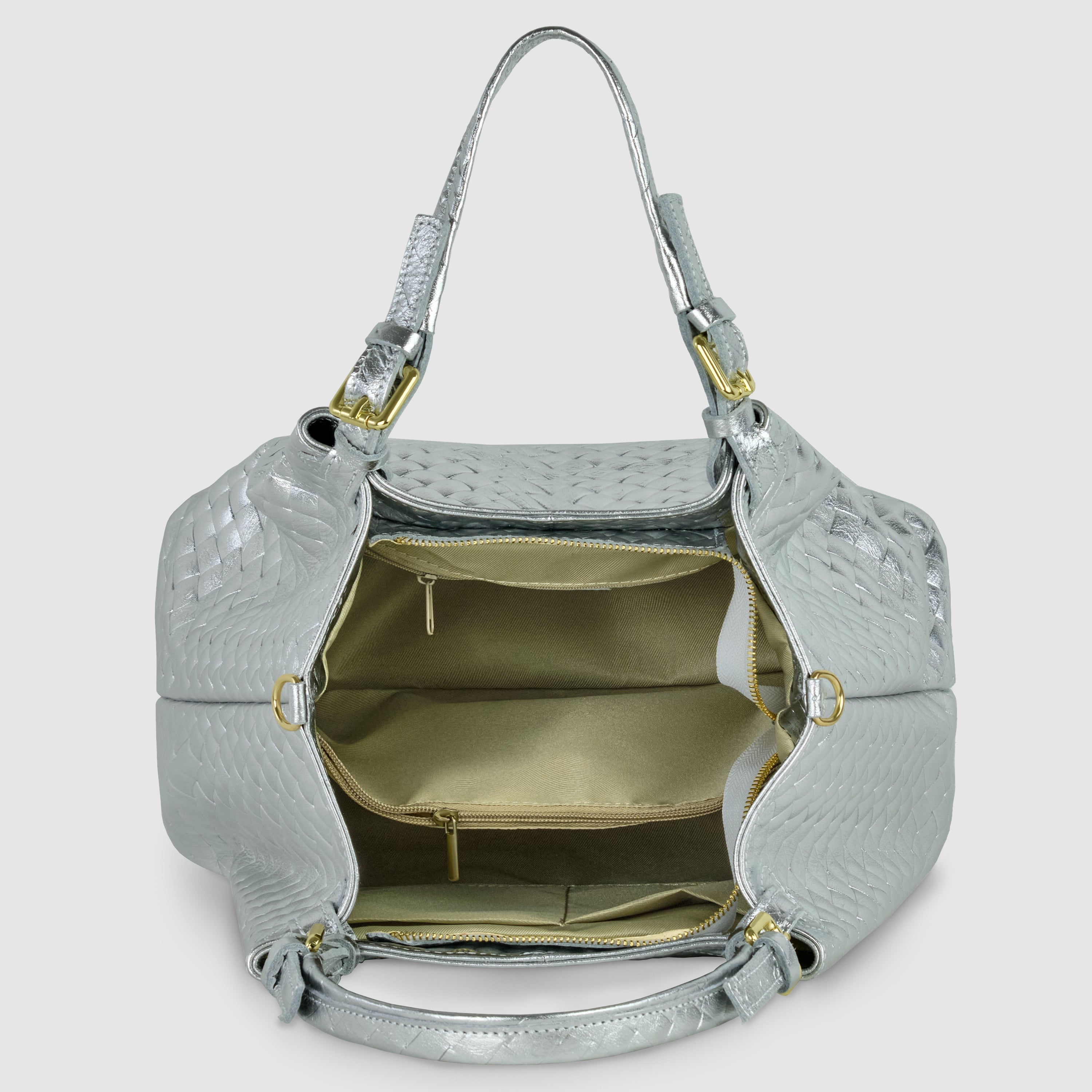 Italian Genuine Weave Metallic Suede Top-Handle Bag 112615