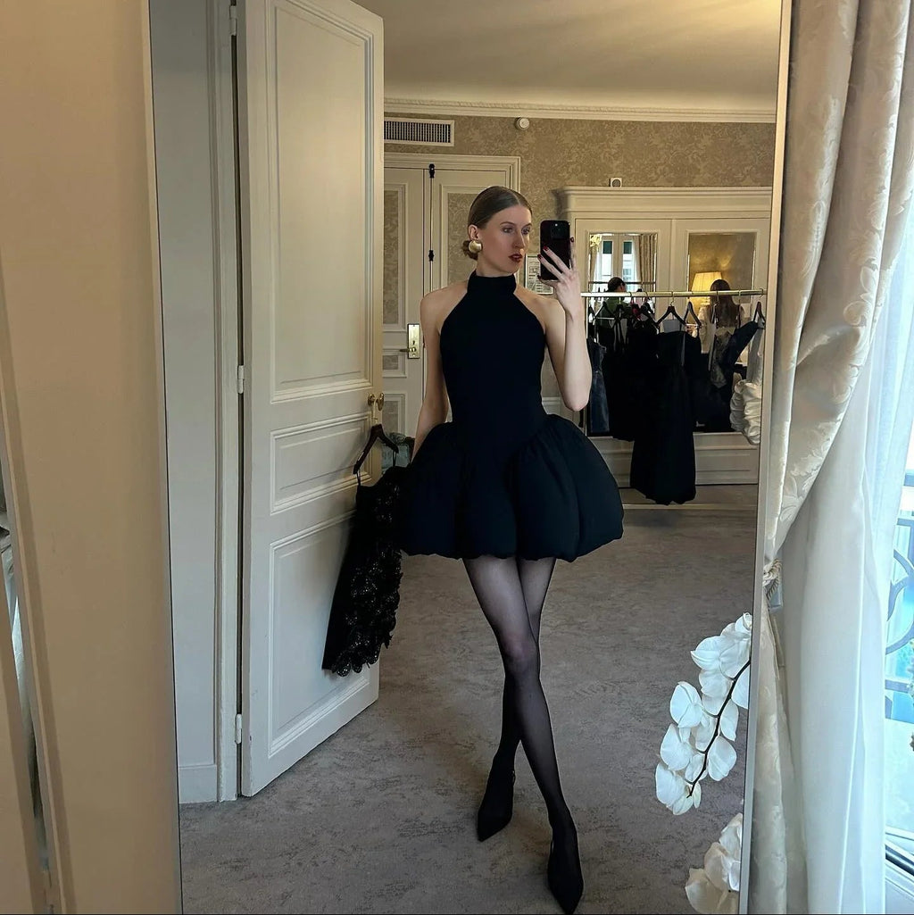 Tea Time Puff Black Mini Dress