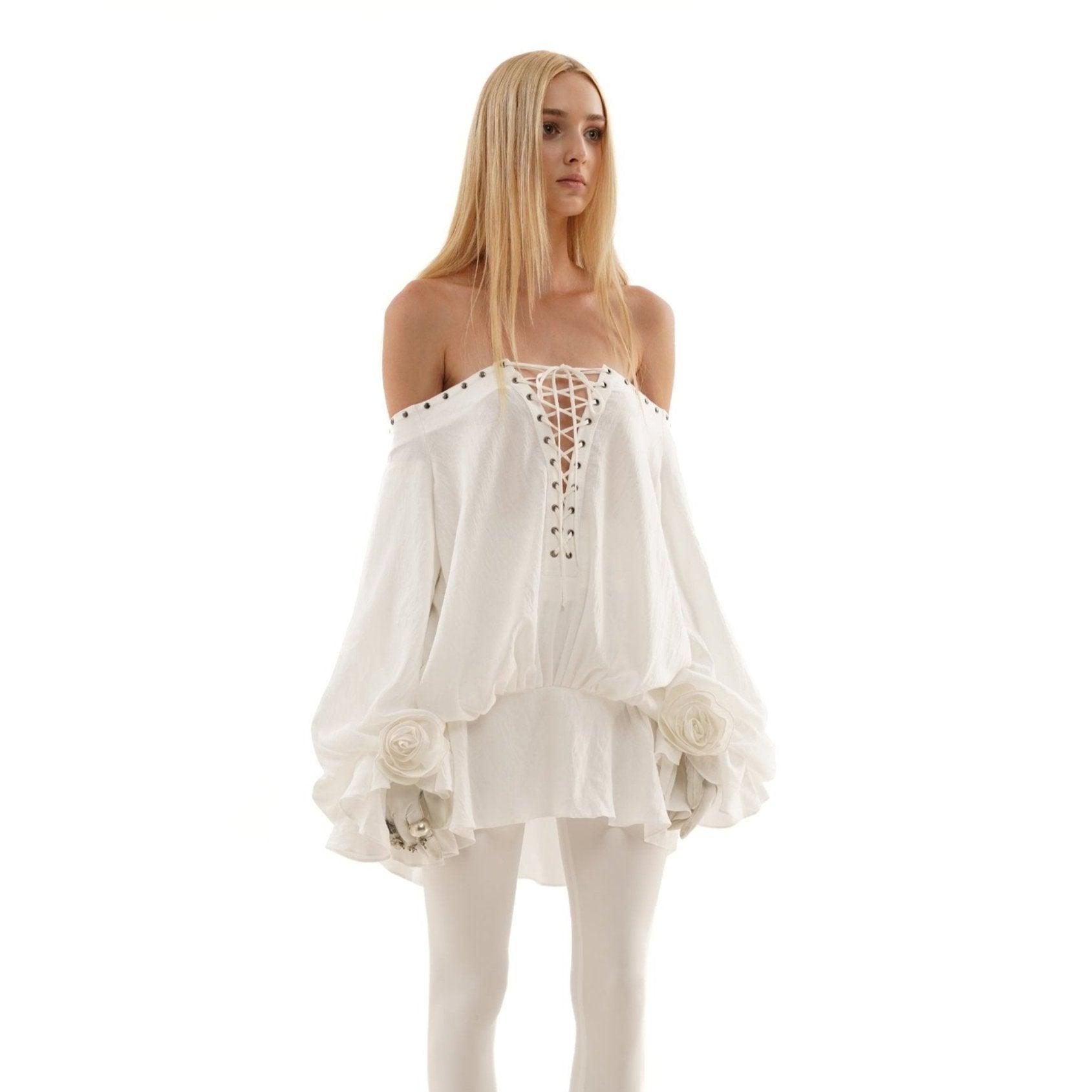 Tiffany Off Shoulder Lace Up White Mini Dress