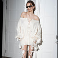 Tiffany Off Shoulder Lace Up Ivory Mini Dress