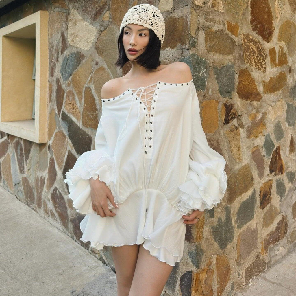 Tiffany Off Shoulder Lace Up White Mini Dress