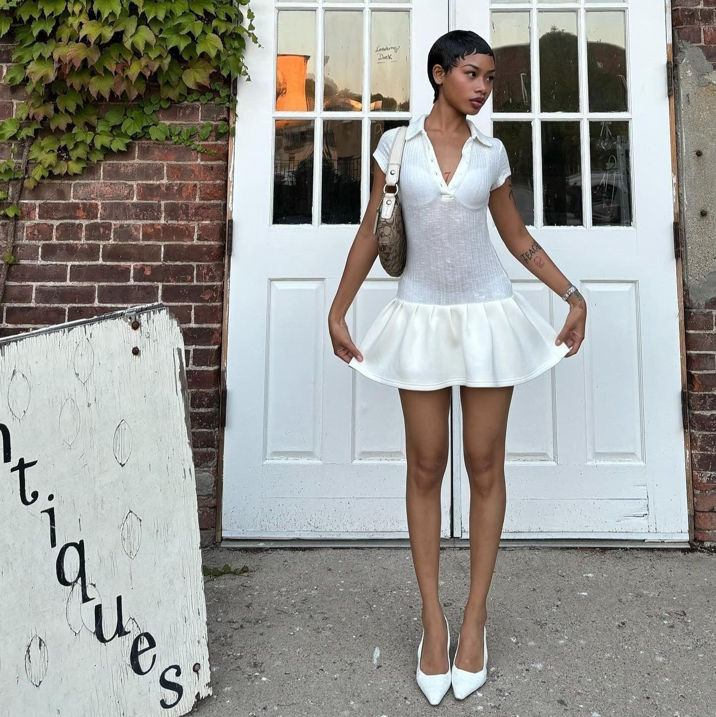 Trust Issues Polo Style Knitted White Mini Dress