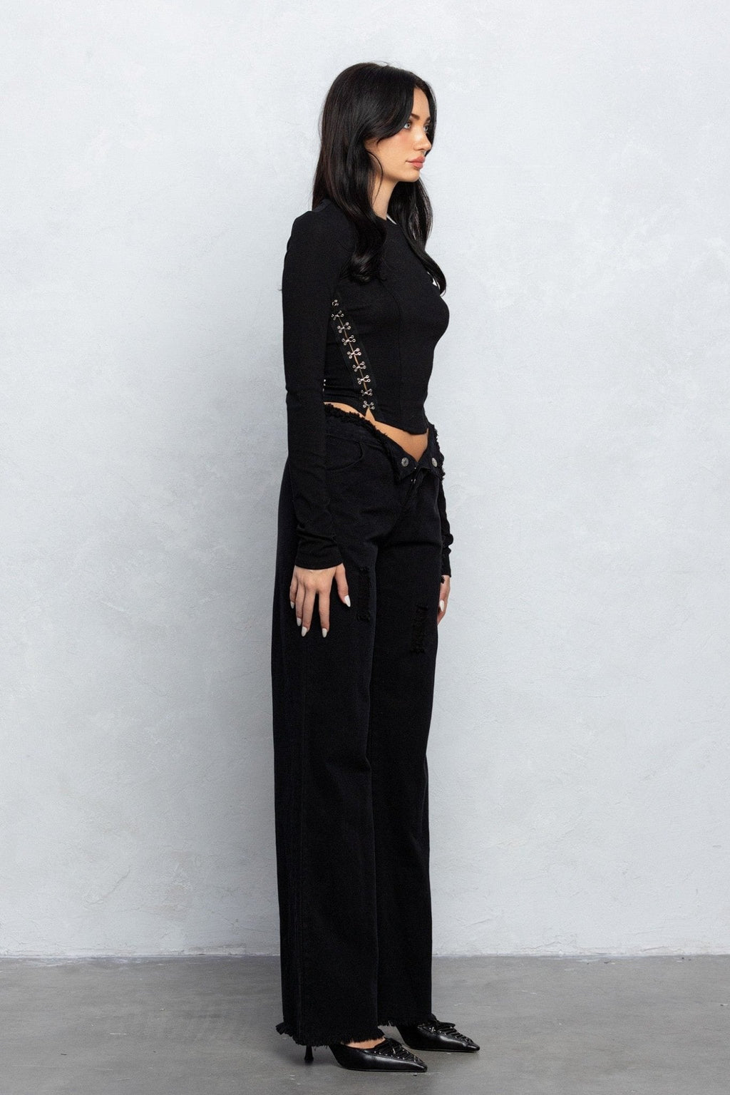 V-Line Folded Detail Destroyed Twill Pants | Raw Hem Street Style