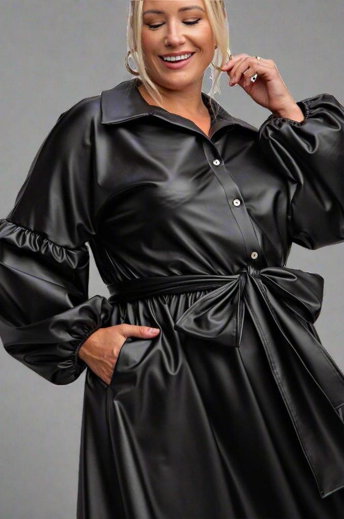 Victoria Plus Size Faux Leather Button Front Fit Flare Dress
