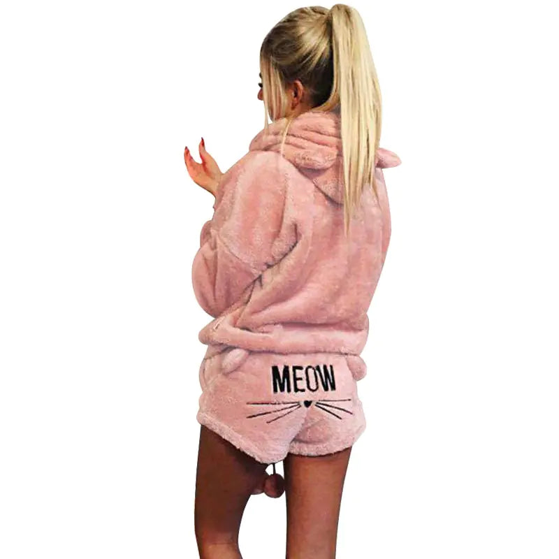 Women's Plush Hoodie and Shorts Pajama Loungewear Set