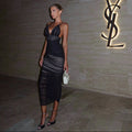 Walking Goddess Ruched Mesh Midi Dress