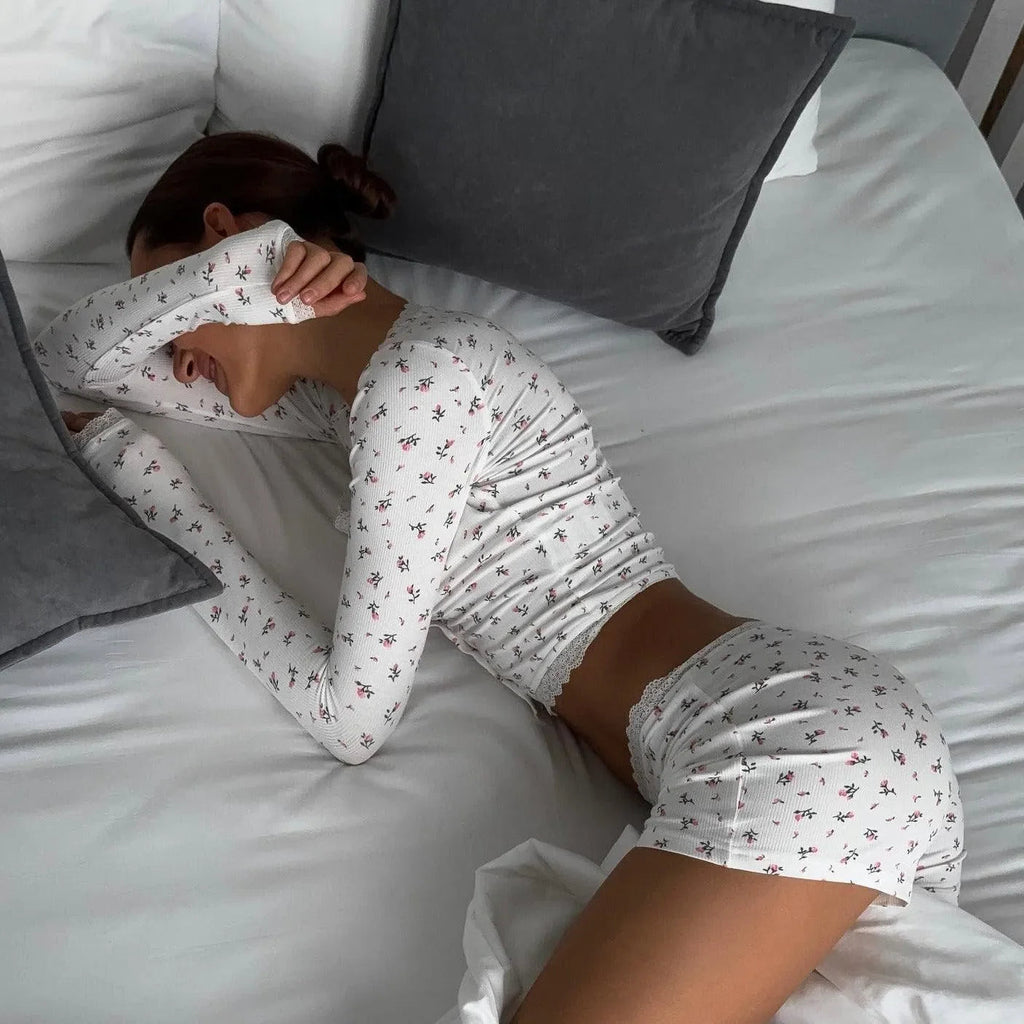 Whisper Ribbed Lace Trim White Two-Piece Set