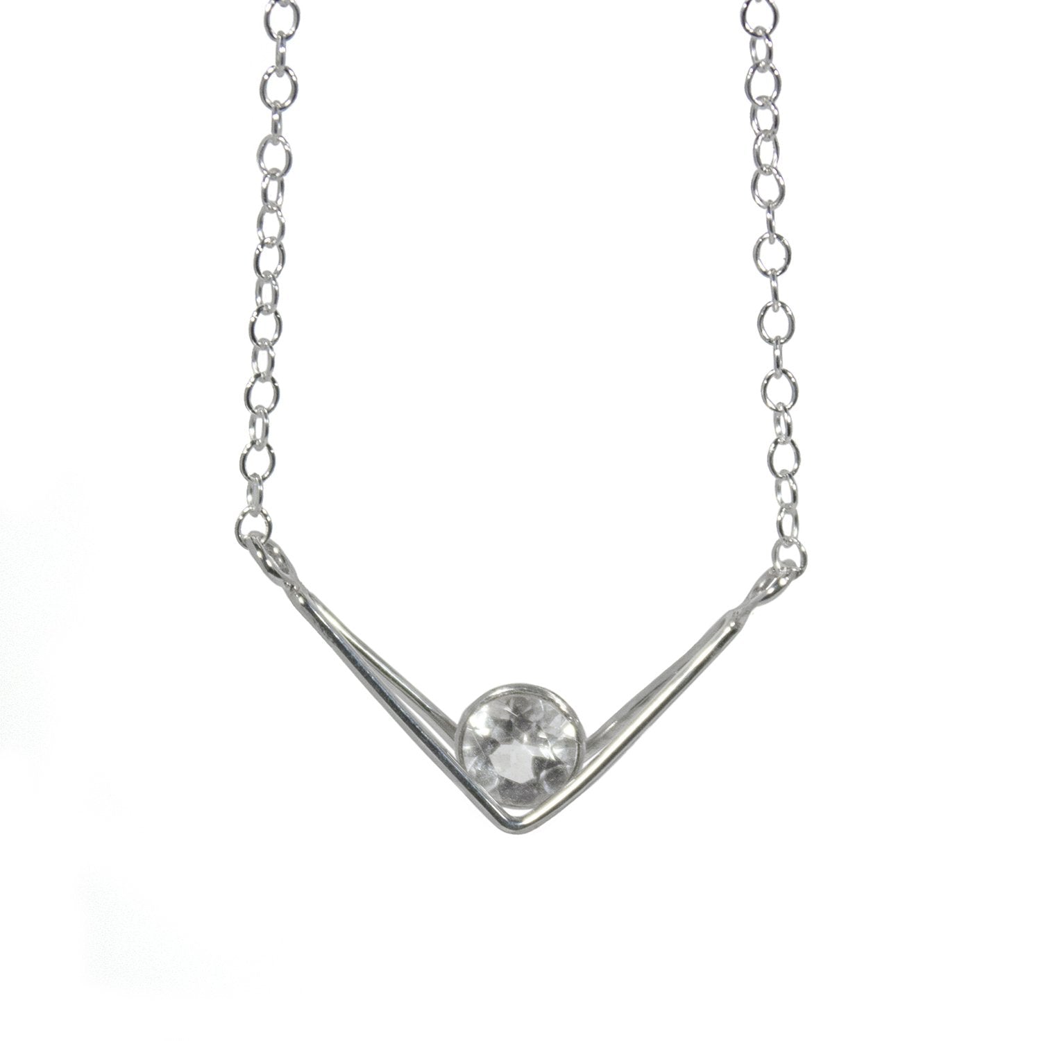 White Topaz Sterling Silver V Pendant Necklace 16 Inch