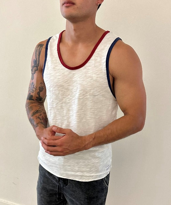 Independence Tank (White with wine red and navy trim) 100% USA COTTON