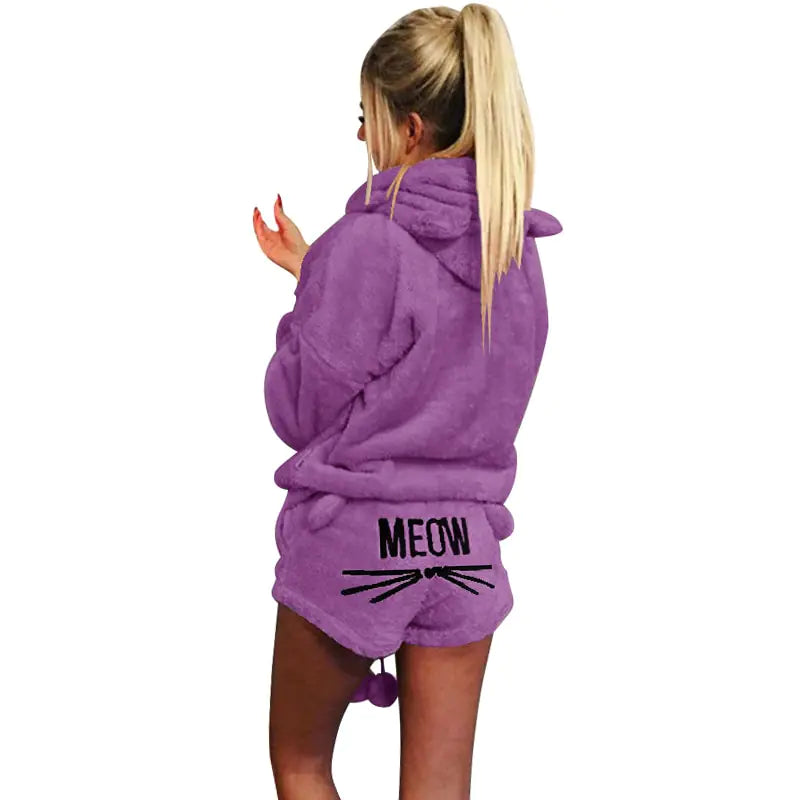 Women's Plush Hoodie and Shorts Pajama Loungewear Set