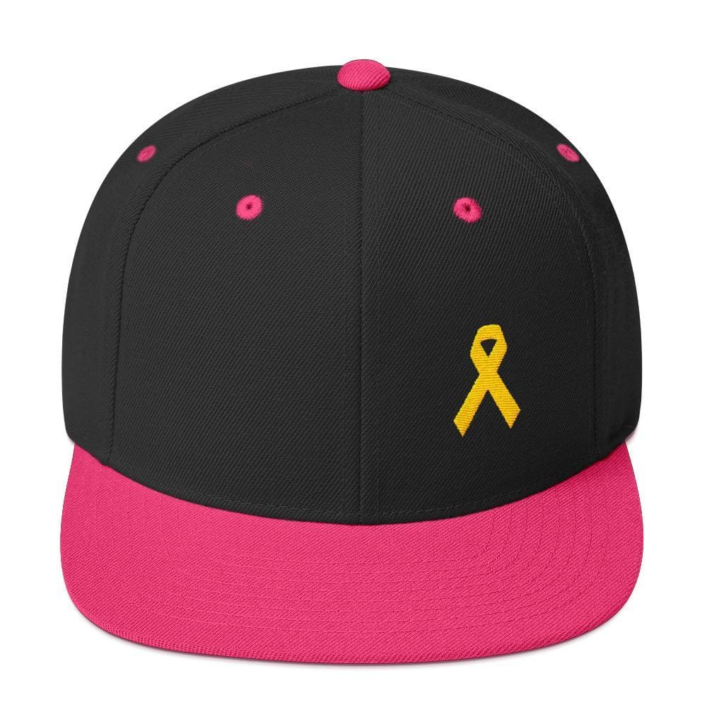Yellow Awareness Ribbon Flat Brim Snapback Hat for Sarcoma, Suicide Prevention & Military Causes