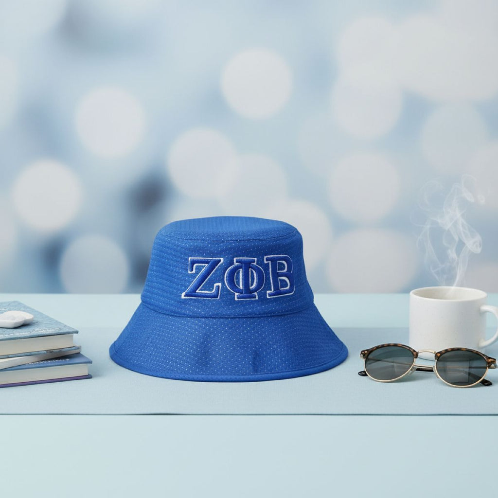 Bucket Hat Blue Mesh Embroidered Sorority Stylish Casual Accessory