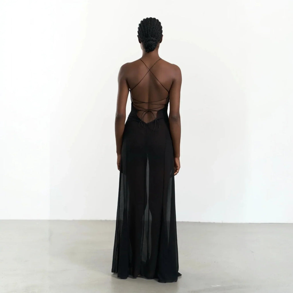 Zuma Mesh Cutout Lace Up Black Maxi Dress