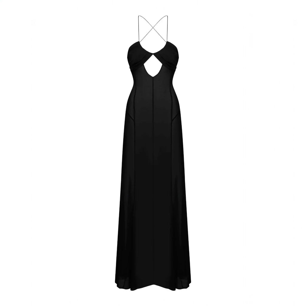 Zuma Mesh Cutout Lace Up Black Maxi Dress
