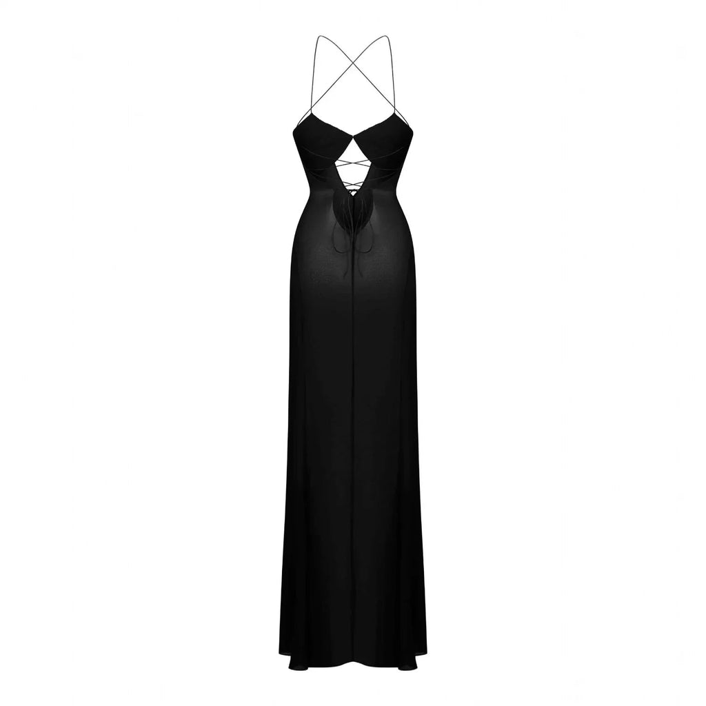 Zuma Mesh Cutout Lace Up Black Maxi Dress