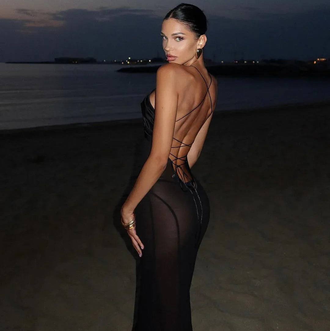 Zuma Mesh Cutout Lace Up Black Maxi Dress